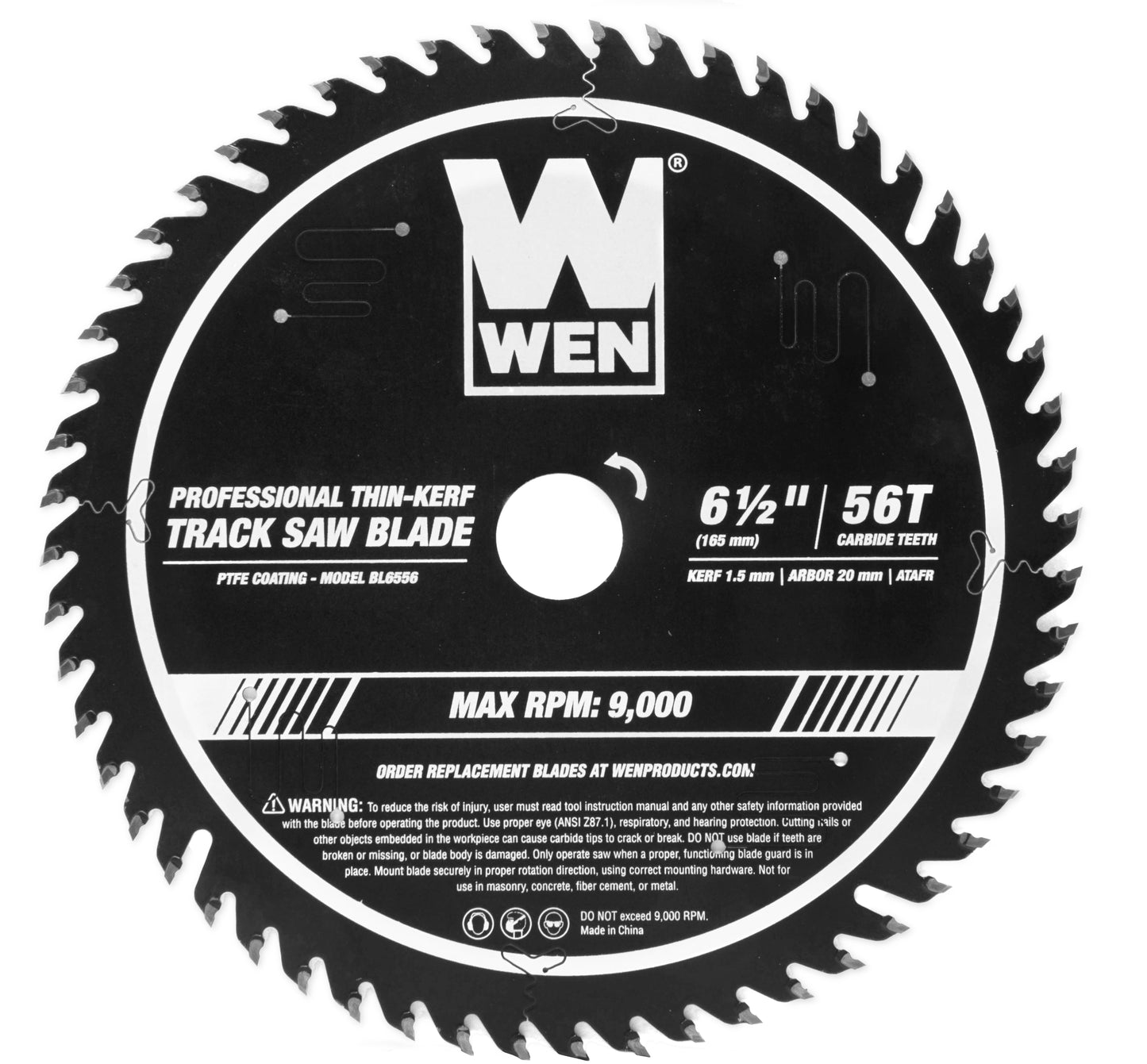 WEN 6.5-Inch 56-Tooth Carbide-Tipped Thin-Kerf Professional ATAFR Track Saw Blade with PTFE Coating