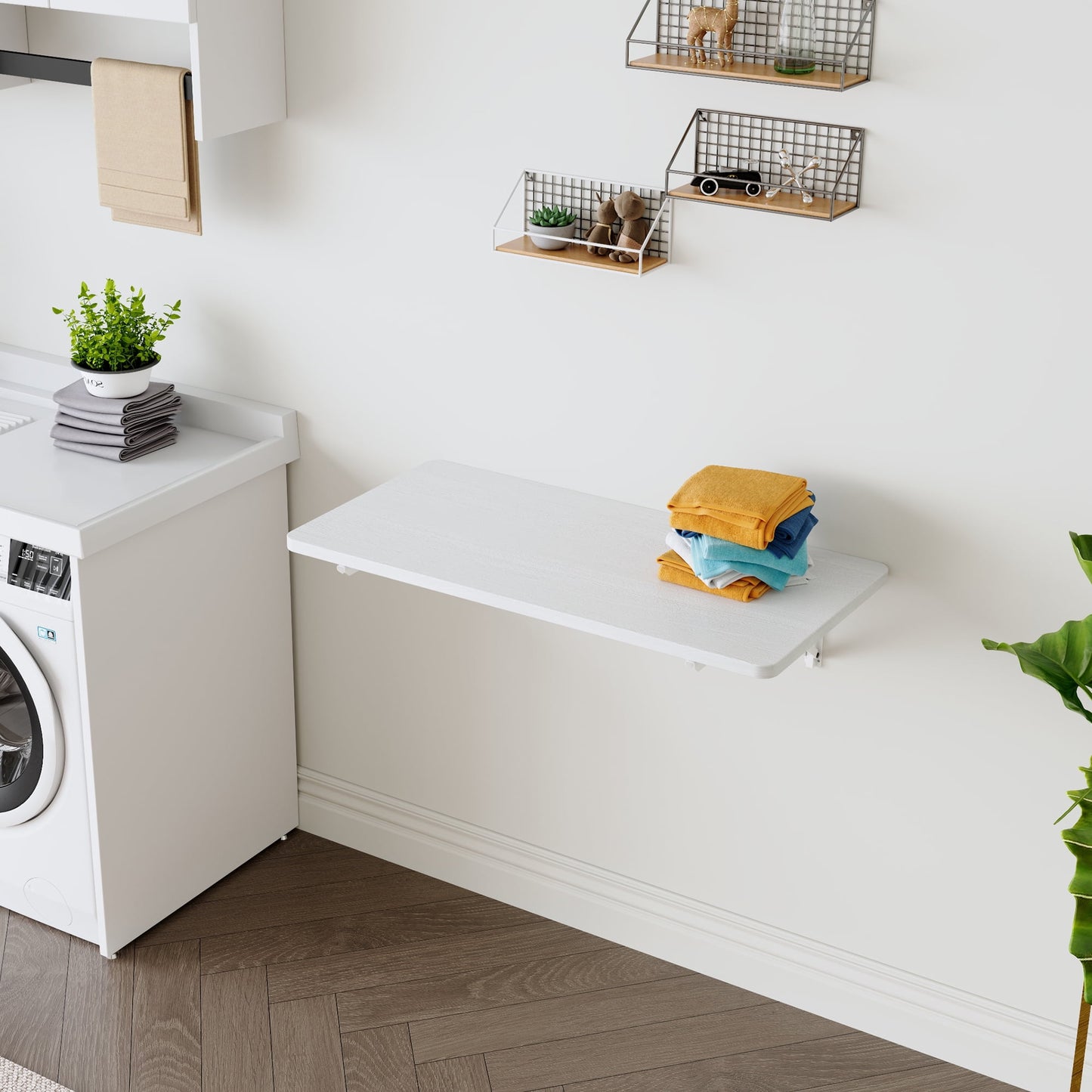 Wall Mounted Folding Table, Floating Desk for Laundry Room, Fold Down Table for Small Space, Foldable Wall Desk for Kitchen, Bathroom, Bedroom, White