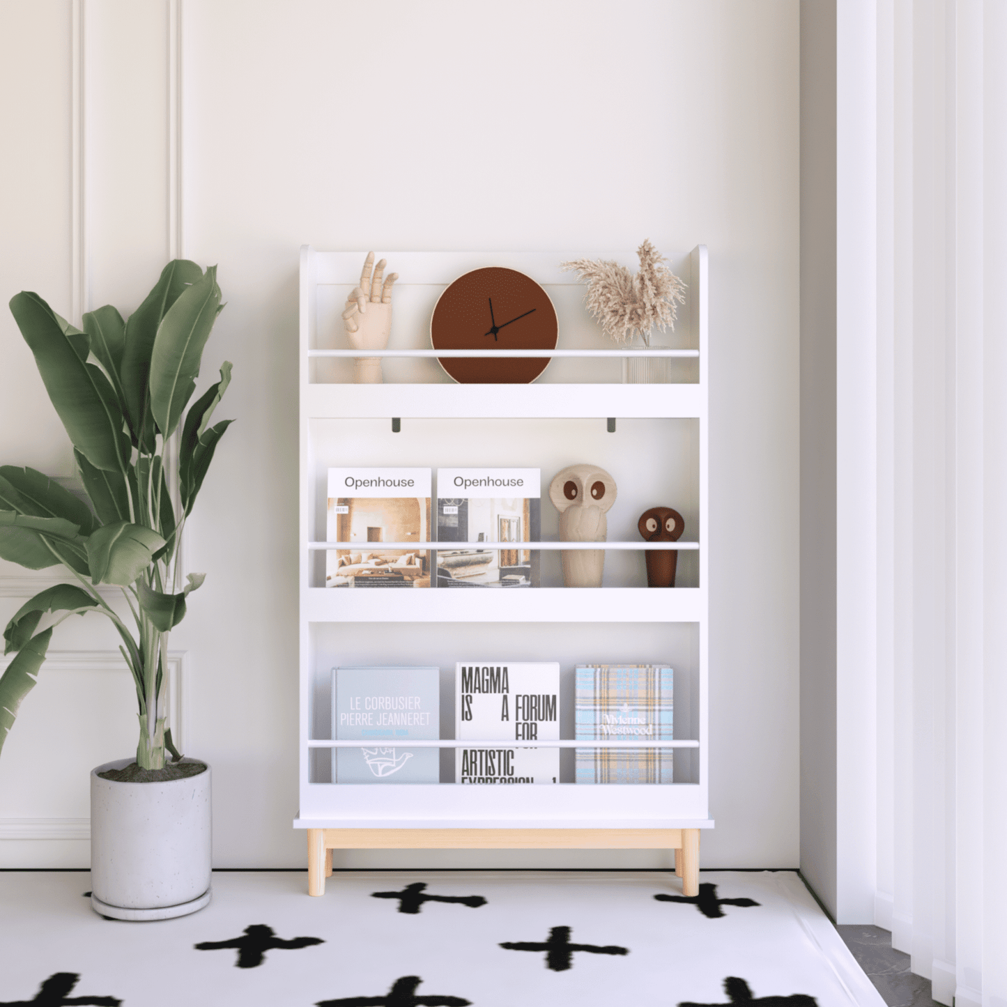Wall-Mounted Kids Bookshelf, 3 Tier Front-Facing Display Book Rack, Modern White Storage Shelf with Natural Wood Base, Anti-Tip Design for Toddler Bedroom Nursery Playroom
