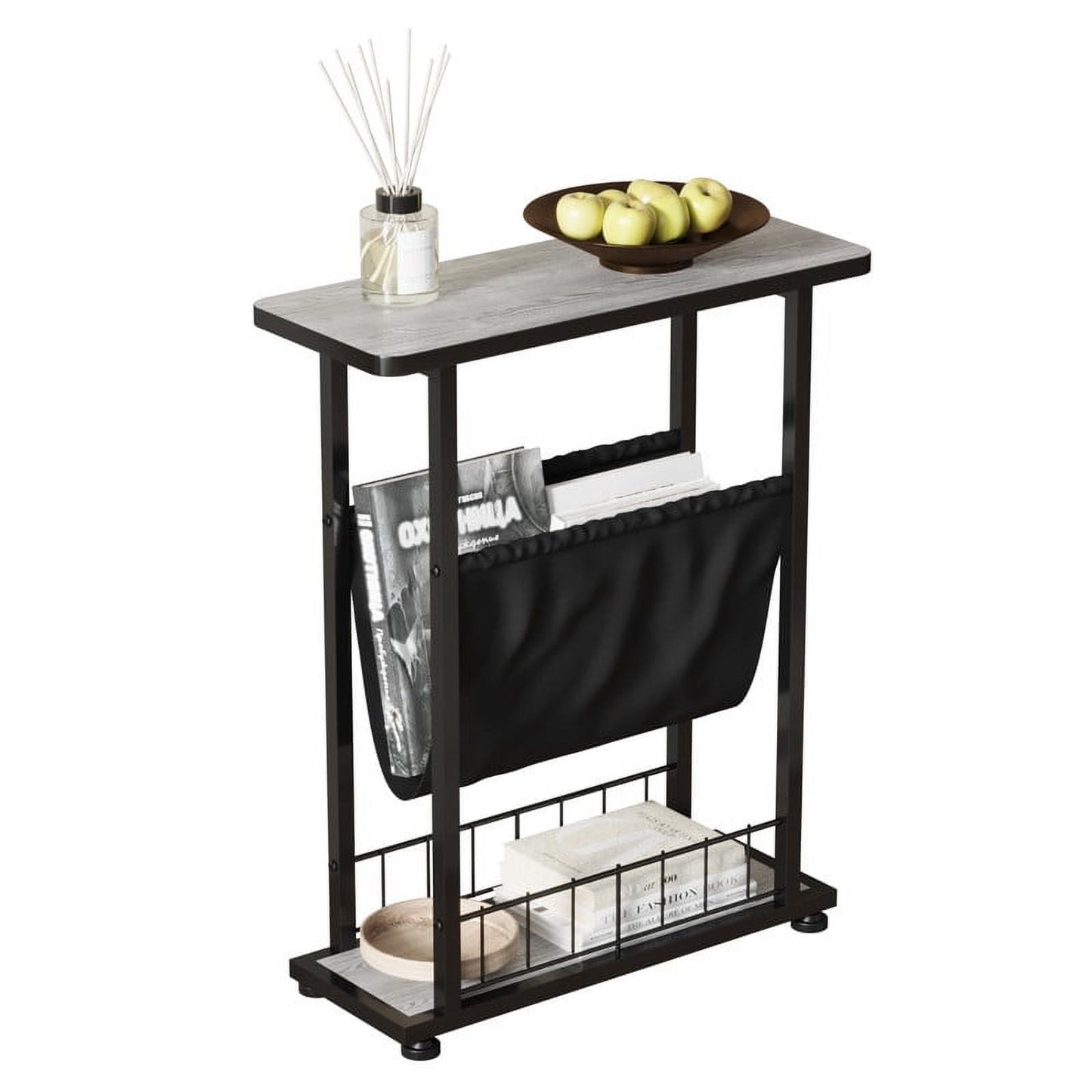 Walsport Mesa Auxiliar de 3 Niveles con Revistero, Mesa Auxiliar Industrial con Almacenamiento Abierto, Mesa de Noche de Madera, Mesita de Noche para Sala de Estar, Dormitorio, Espacios Pequeños, Fácil de Montar, Gris