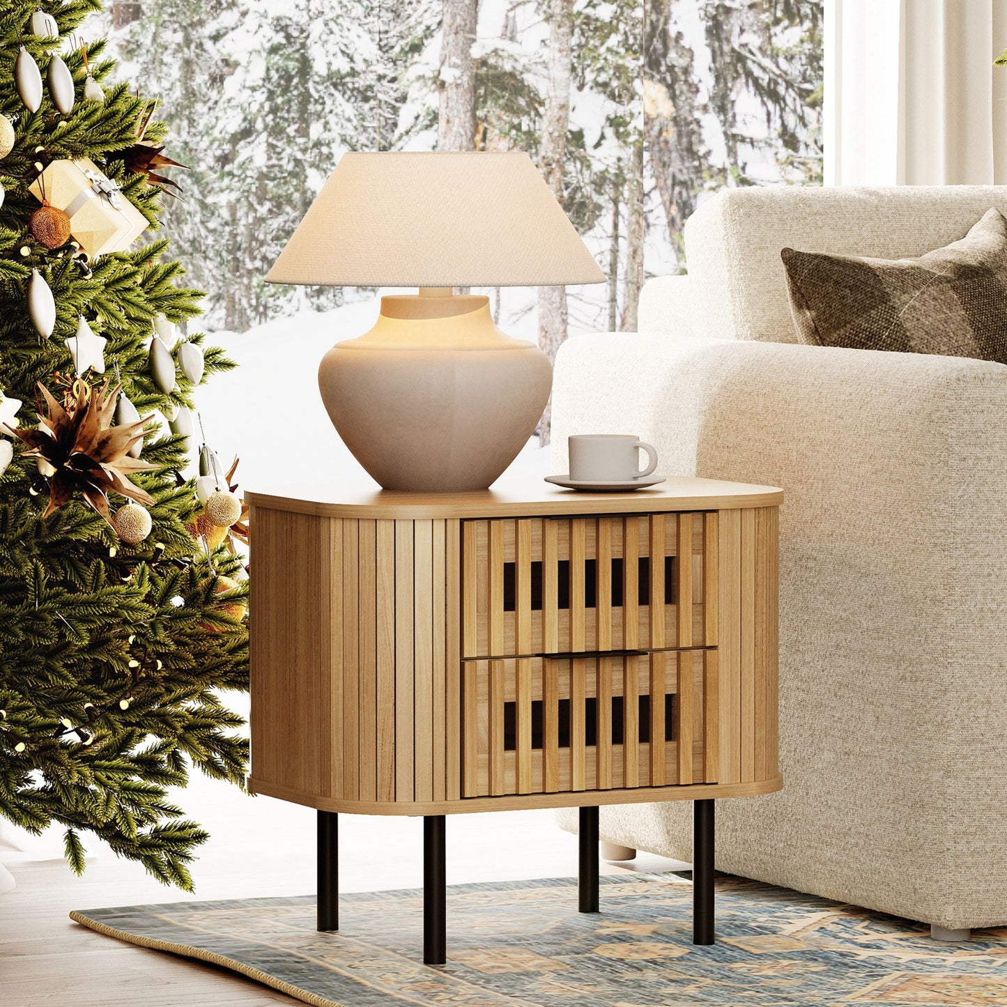 Wampat Modern Side Table with 2 Drawers for Living Room, Wooden Nightstand for Living Room, Oak