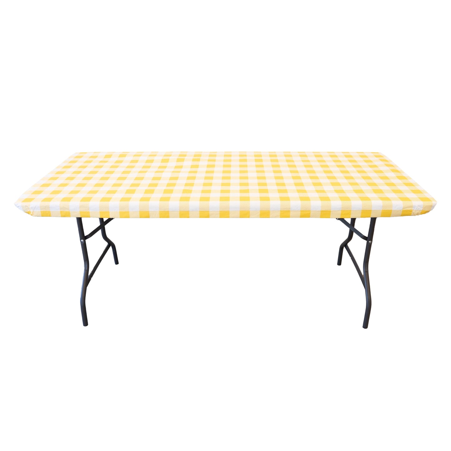 Waverly Inspirations Rectangular Elastic Fitted Table Cover Waterproof Vinyl Tablecloth With Flannel Backing, 6Ft Table, 72" x 30", Gingham Yellow, 8 PK