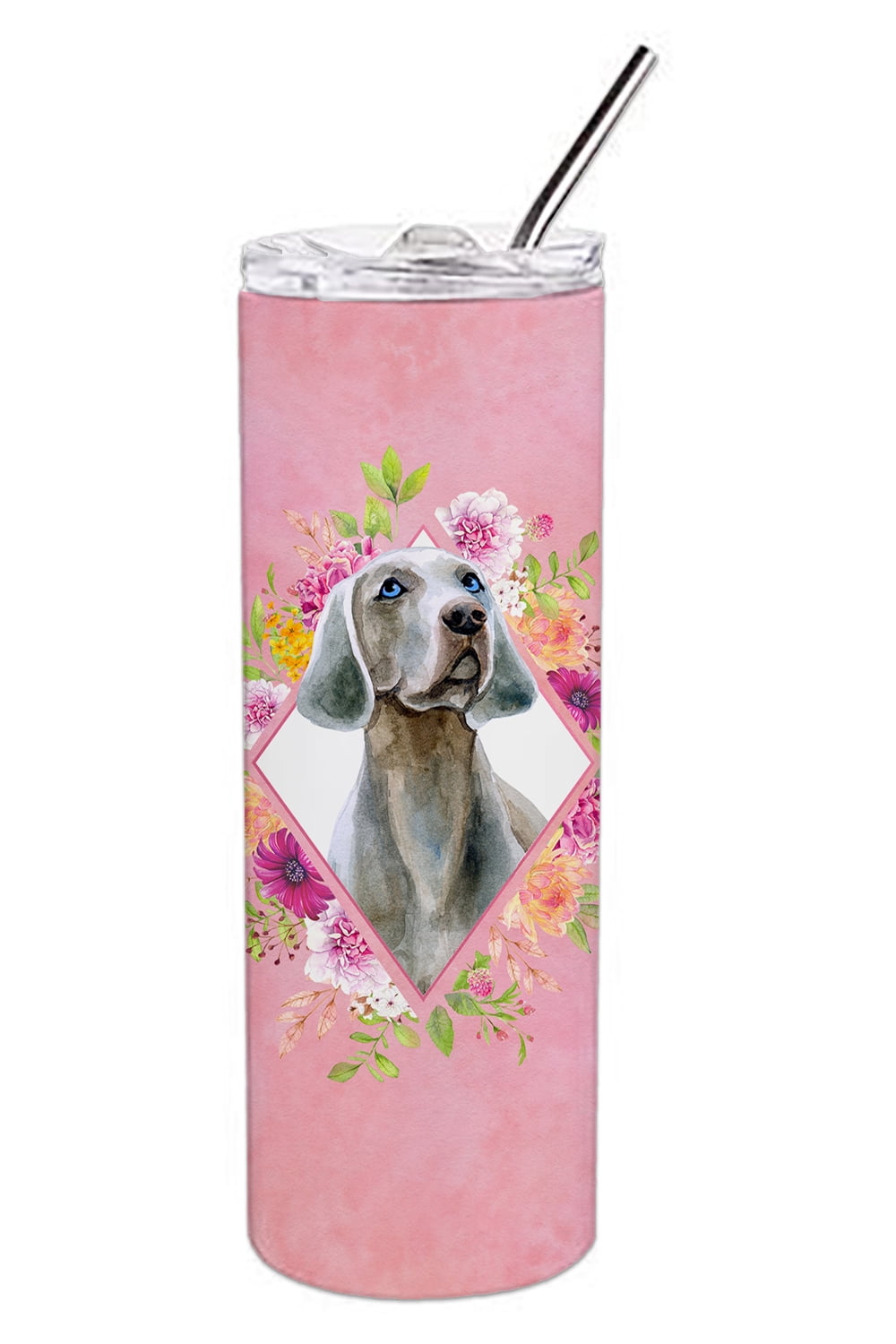 Weimaraner Pink Flowers Double Walled Stainless Steel 20 oz Skinny Tumbler