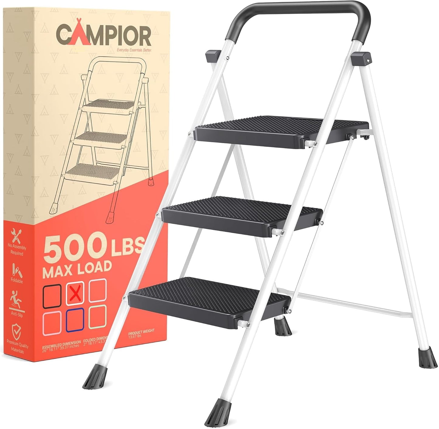 White 3 Step Stool Foldable – Heavy-Duty Foldable Step Stool, 500 lbs Capacity, Anti-Slip Feet & Wide Steps, Sturdy Steel Frame, Lightweight & Space-Saving Design for Home, Kitchen & Garage