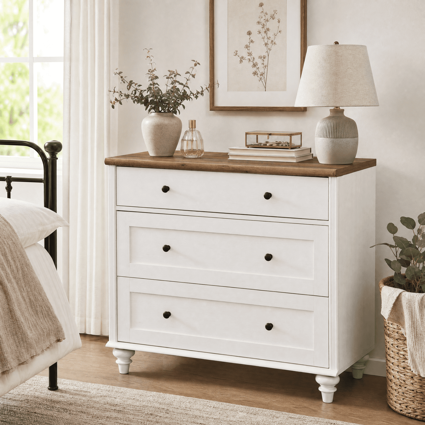 White Dresser Cabinet with 3 Drawers, Mid-Century Modern Wooden Bedroom Closet Storage Organizer, Small Dressers Suitable for Living Room, Nursery, and Hallway, 34"