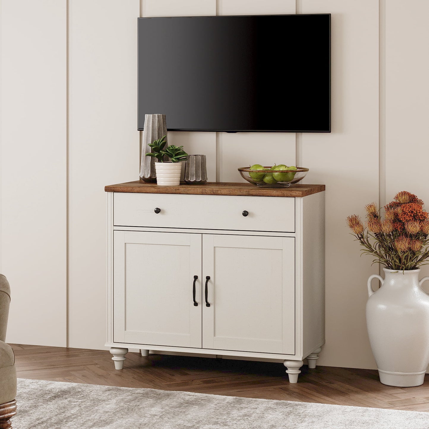 White Farmhouse TV Stand for 43 inch TV with Drawer & Doors