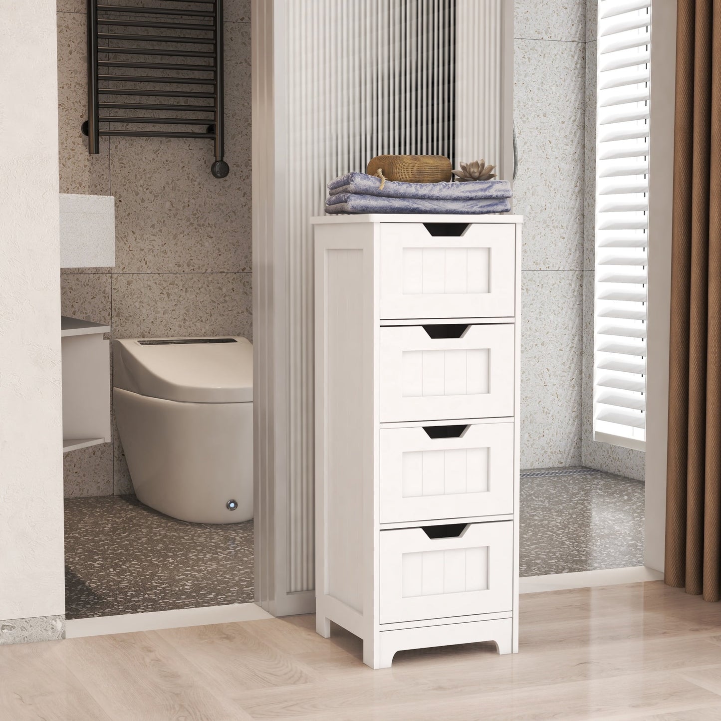 White Freestanding Storage Cabinet with 4 Drawers, Bathroom Entryway Storage Organizer for Bathroom, Living Room, Kitchen