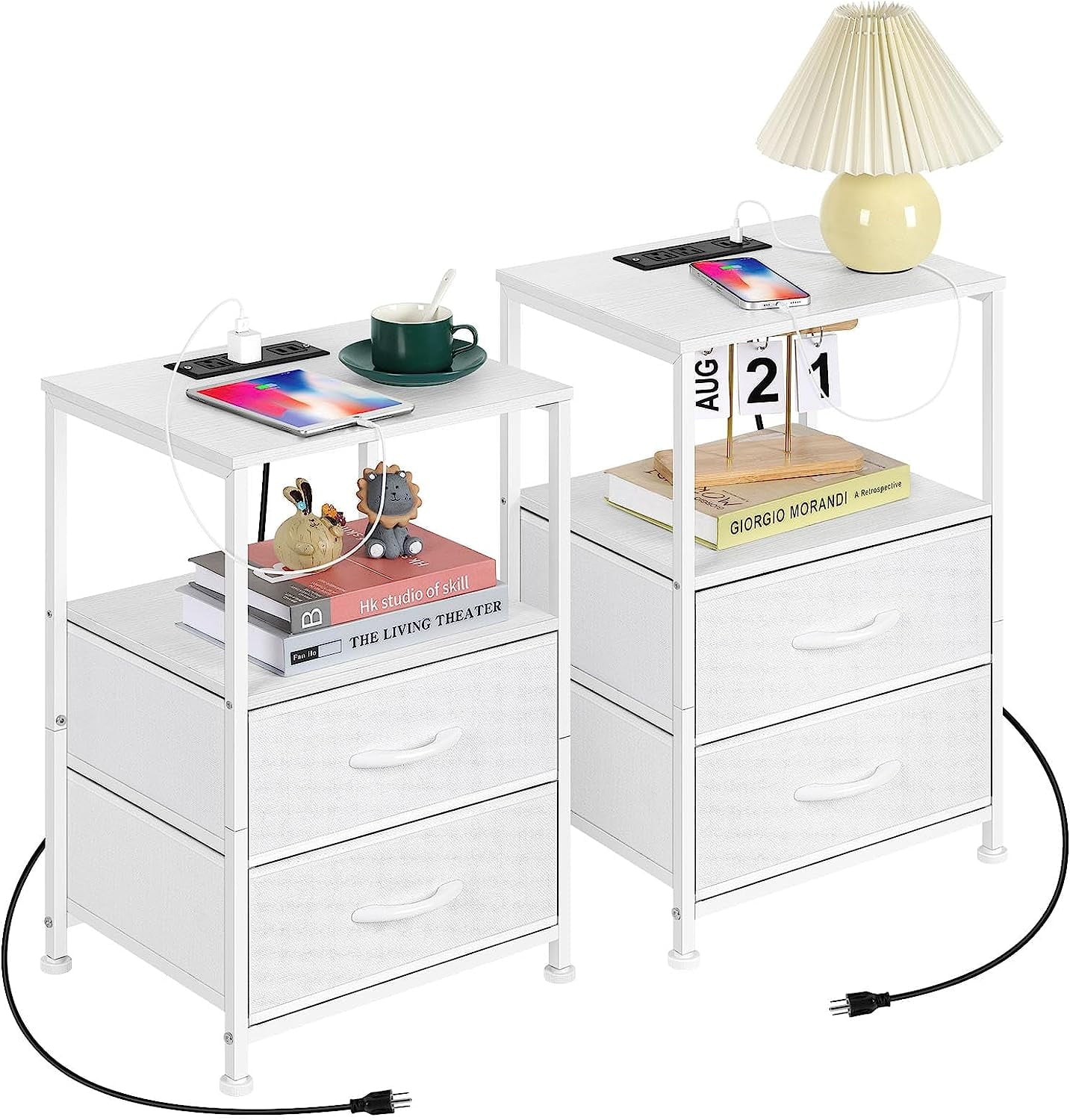 Oumilen Adult White Nightstand with 2 Fabric Drawers End Table with Charging Station Set of 2