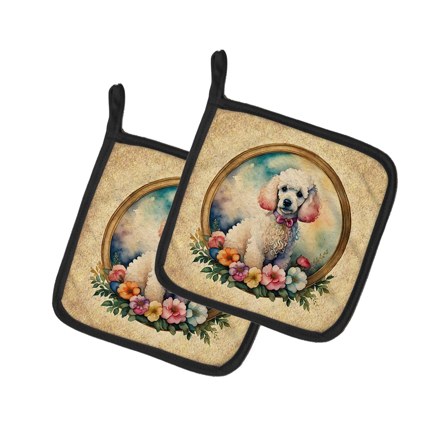 White Poodle and Flowers Pair of Pot Holders