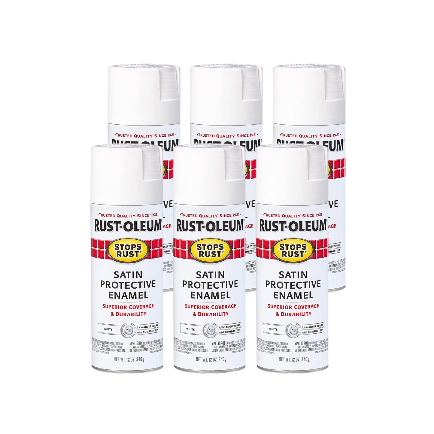 White, Rust-Oleum Stops Rust Satin Protective Enamel Spray Paint, 12 oz, 6 Pack