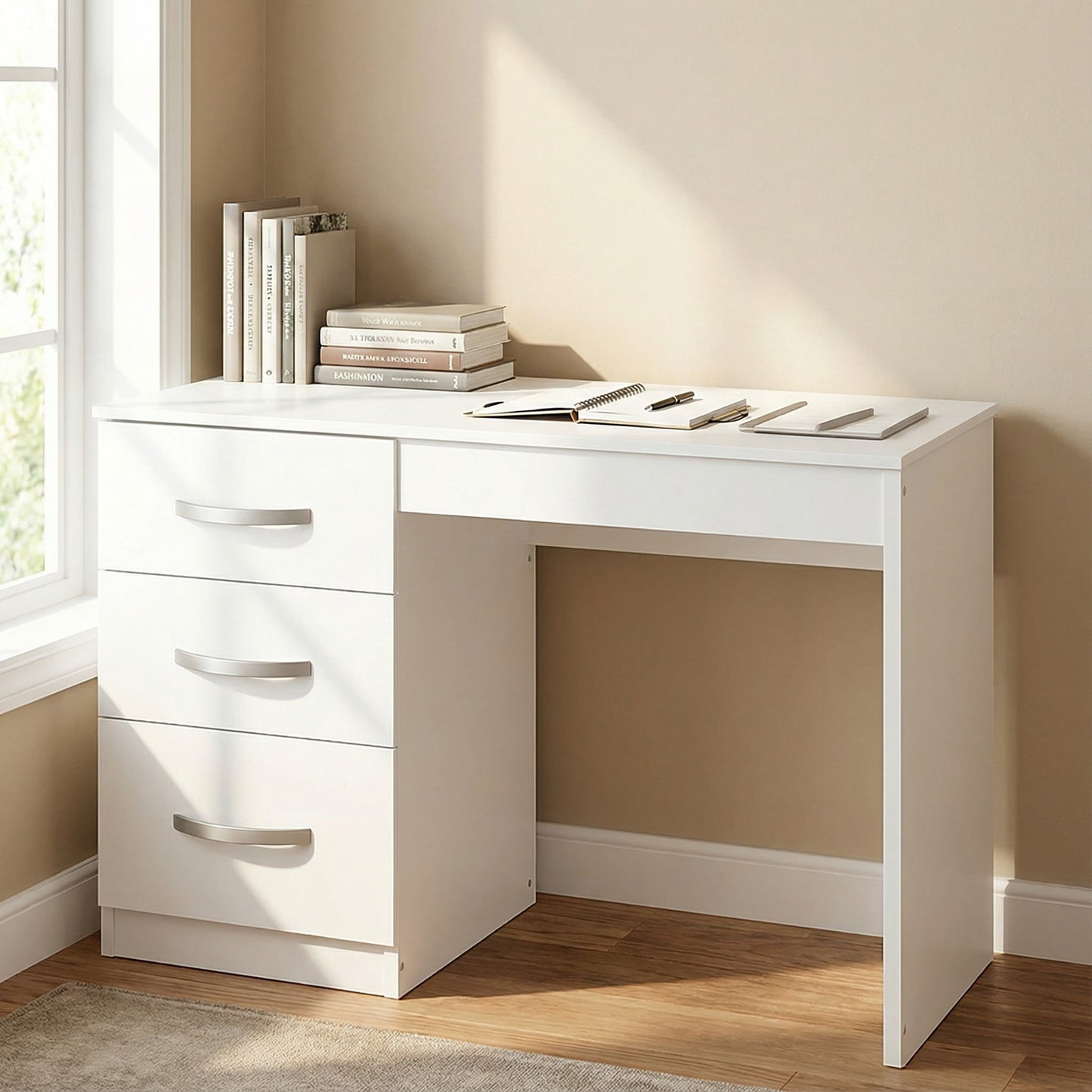 White Writing Desk with 3 Drawers,Wooden Vanity Table,Computer Desk,Home Office Desk Study Desk for Small Spaces,White02