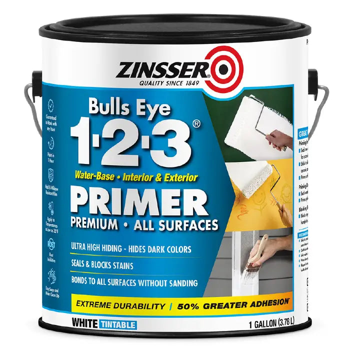 White, Zinsser Bulls Eye 1-2-3 Water-Based Primer-2001, 1 gal