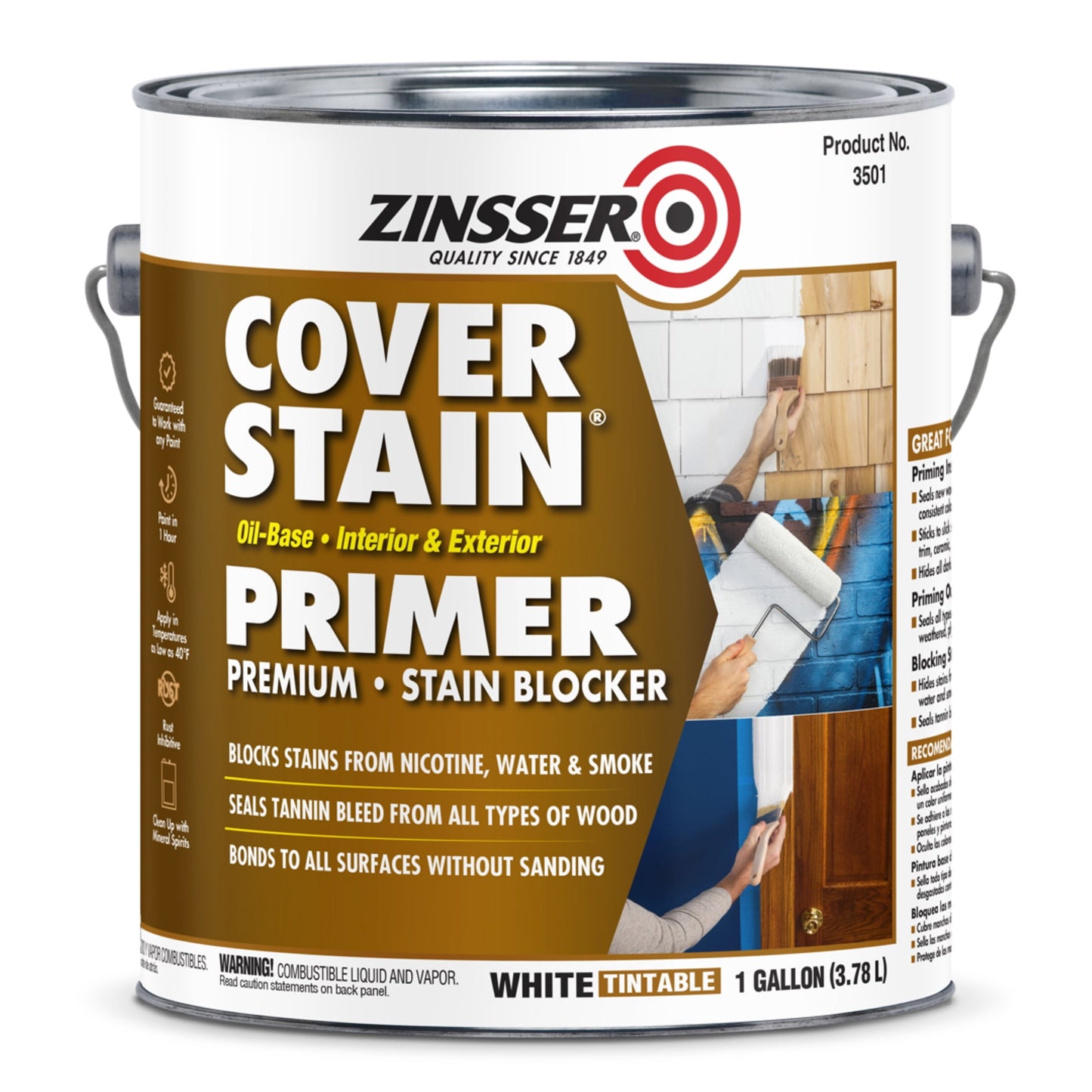 White , Zinsser Flat Cover Stain Oil-Based Interior/Exterior Primer- Gallon, 1 Pack