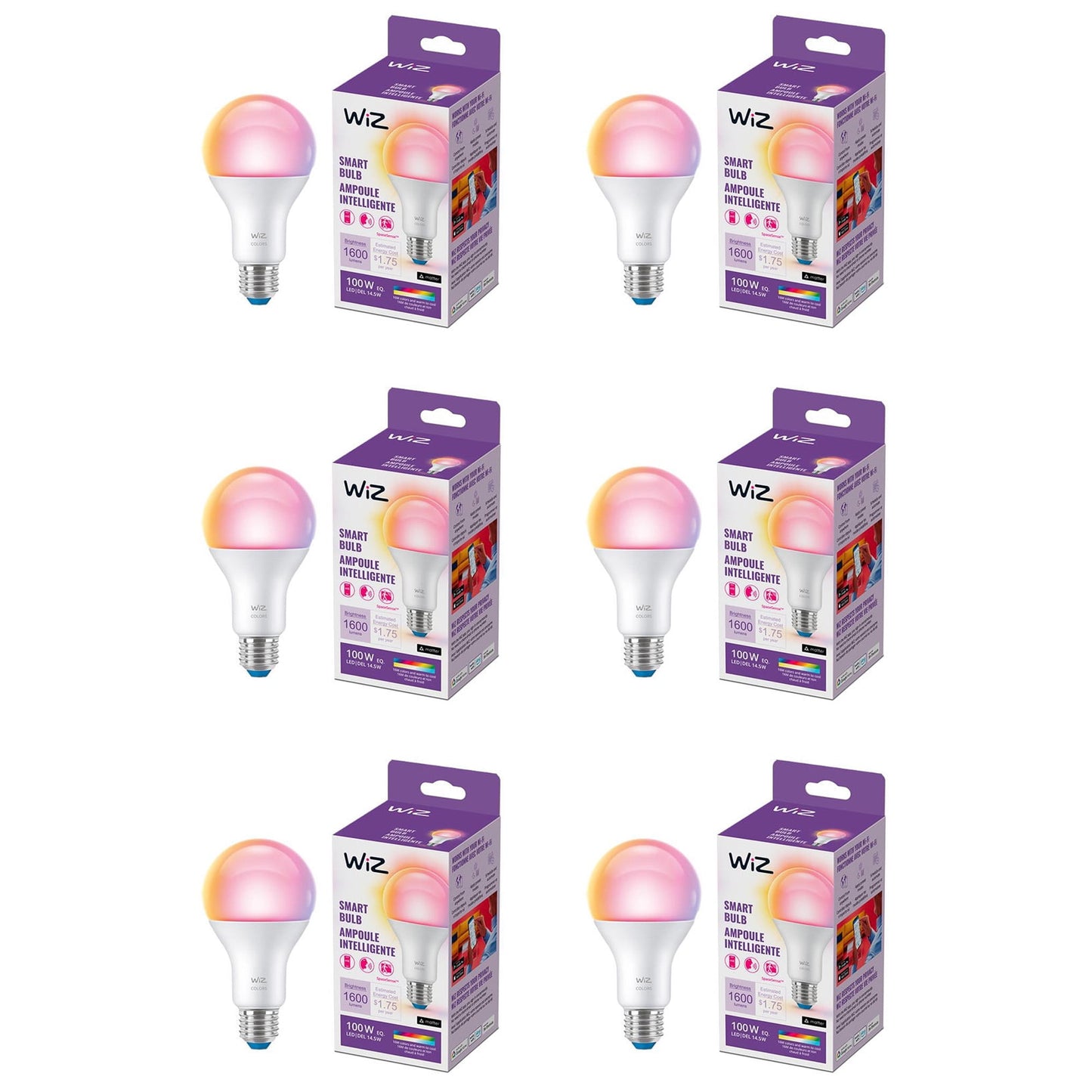 WiZ Connected LED 100-Watt A21 General Purpose Light Bulb, Frosted, Tunable White, Dimmable, E26 Medium Base (6-Pack)