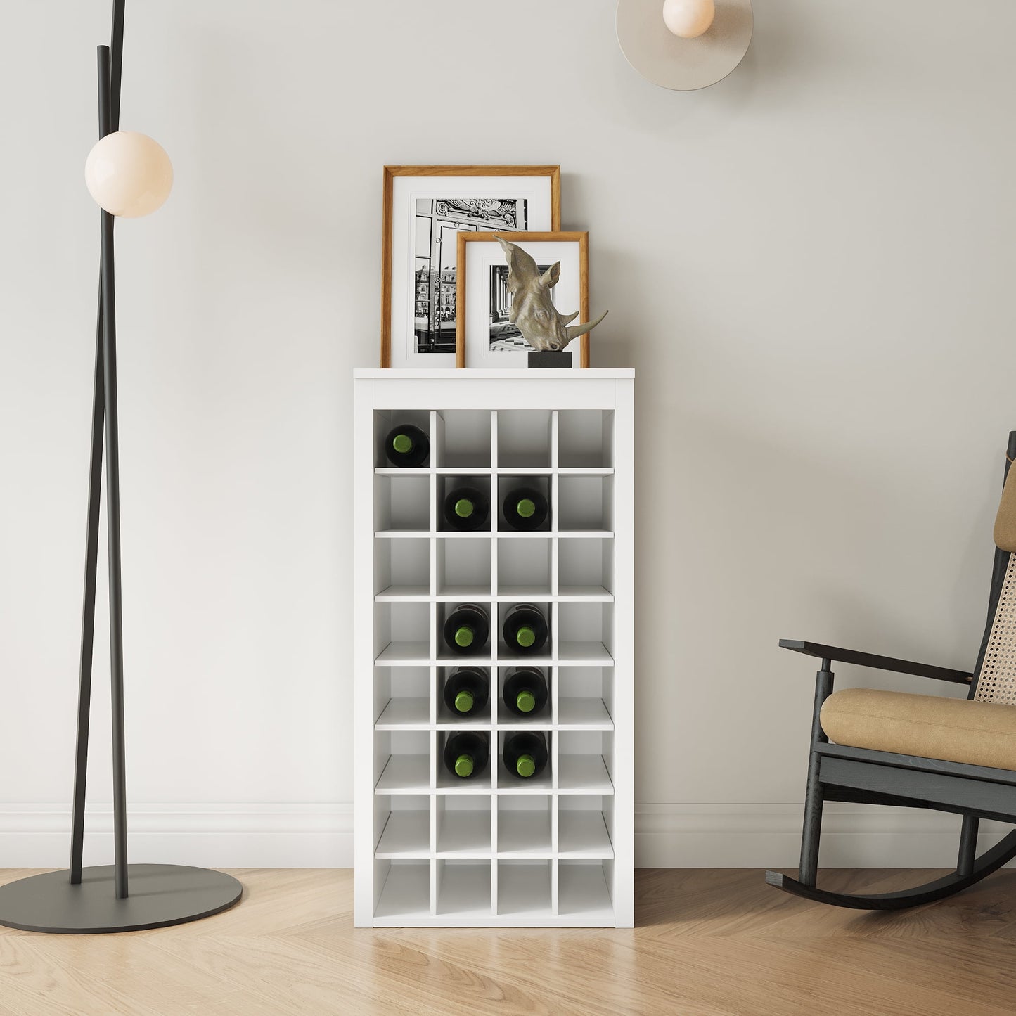 Wine Bar Cabinet with 32 Bottle Storage, Modular Buffet Cabinet or Wine Storage for Dining Room, Brown Walnut Finish, Simple Straight Line Design