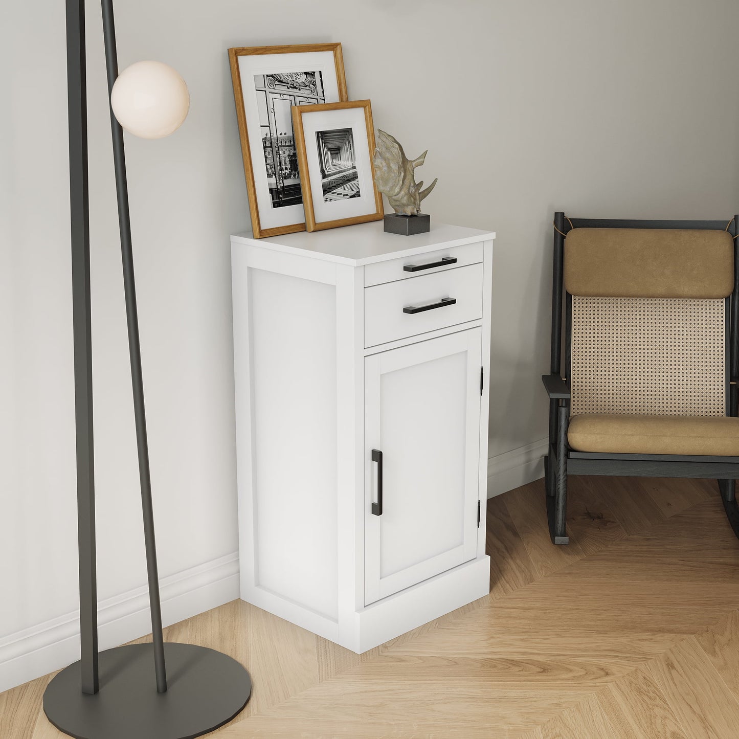 Wine Bar Cabinet with Hutch, Modular Storage Cabinet for Dining Room or Office with Drawer and Shelves, White Finish, Versatile Home Organization