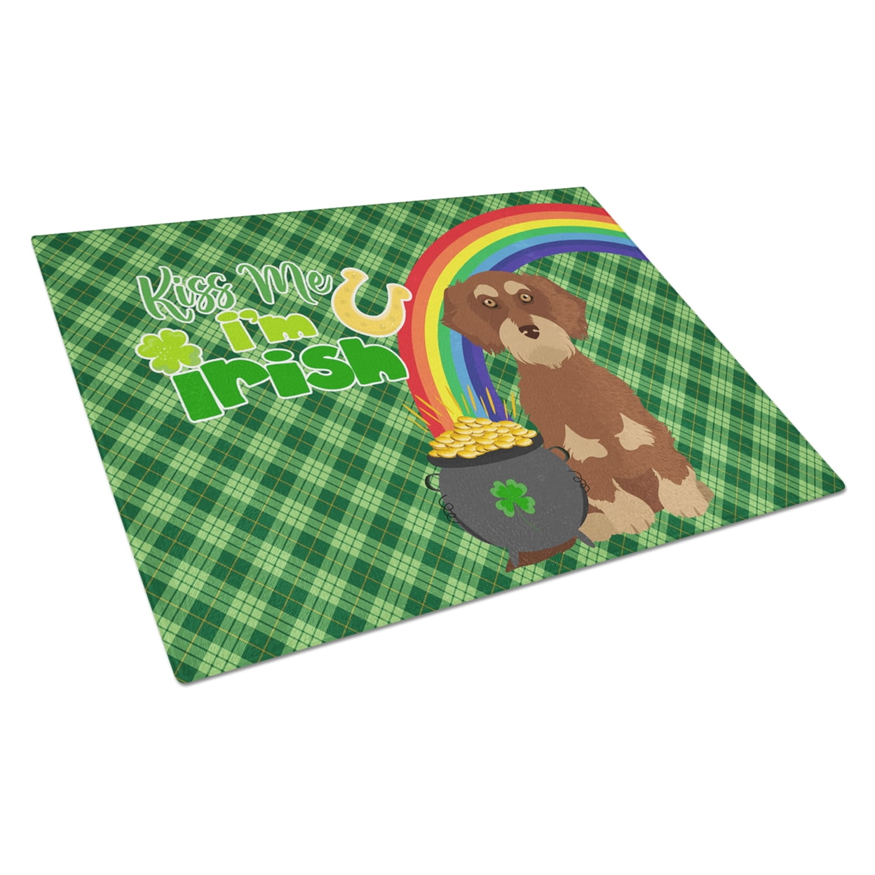 Wirehair Red and Tan Dachshund St. Patrick's Day Glass Cutting Board Large 12 in x 15 in