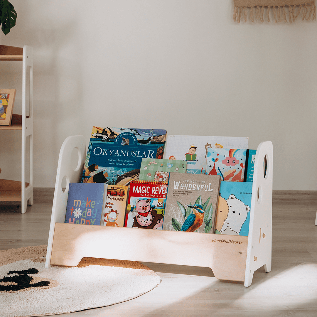 WoodandHearts Montessori Wooden 2-Shelves Adam Floor Bookshelf for Toddlers, White and Natural Wood