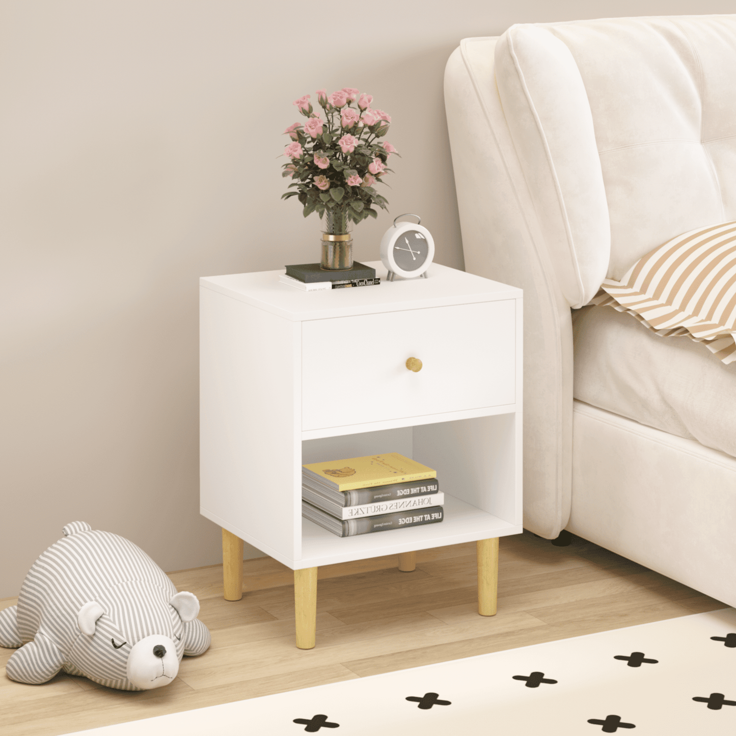Wooden Nightstand with One Drawer One Shelf for Kids, Adults