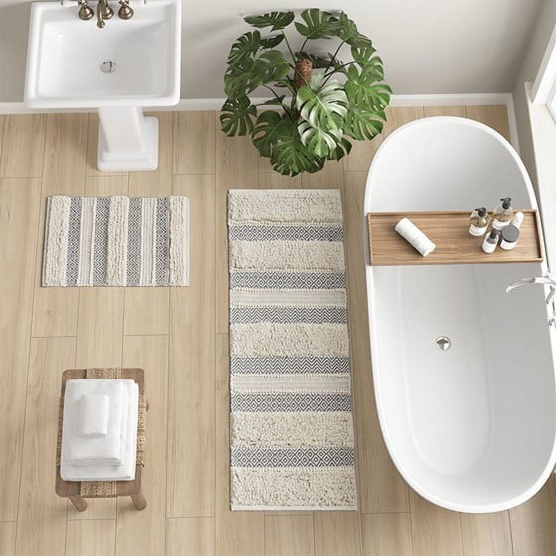 Woven Texture Stripe Bath Rug 22x58 Inches Grey, INK+IVY Asher Boho Hand-Woven Bathroom Runner Rug, Non-Slip Latex Backing Machine Washable for Bathroom Decor