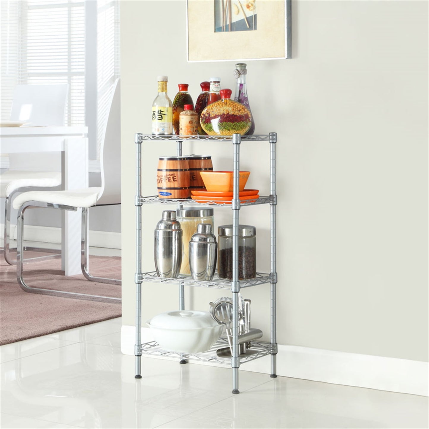 XM-207S Rectangle Carbon Steel Metal Assembly 4-Shelf Storage Rack Silver Gray