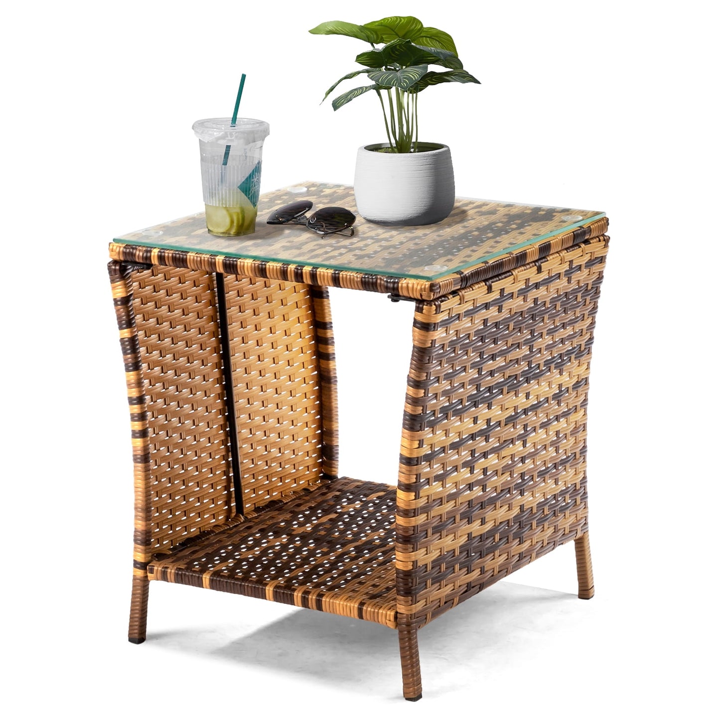 Yellow Gradient Rattan Side Table, Tempered Glass Top End Table with Iron Frame, Single Layer PE Cane Accent Table Easy Assembly for Living Room Bedroom Office Bathroom