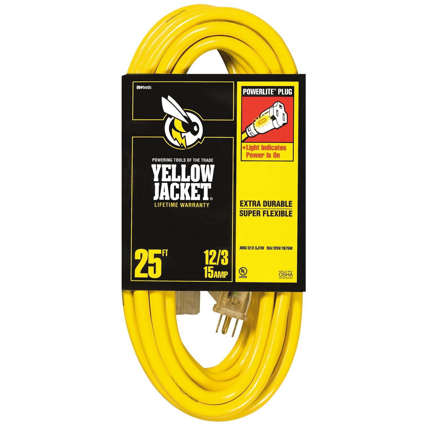 Yellow Jacket 2883 12/3 SJTW Outdoor Extension Cord with Lighted Ends, 25-Foot