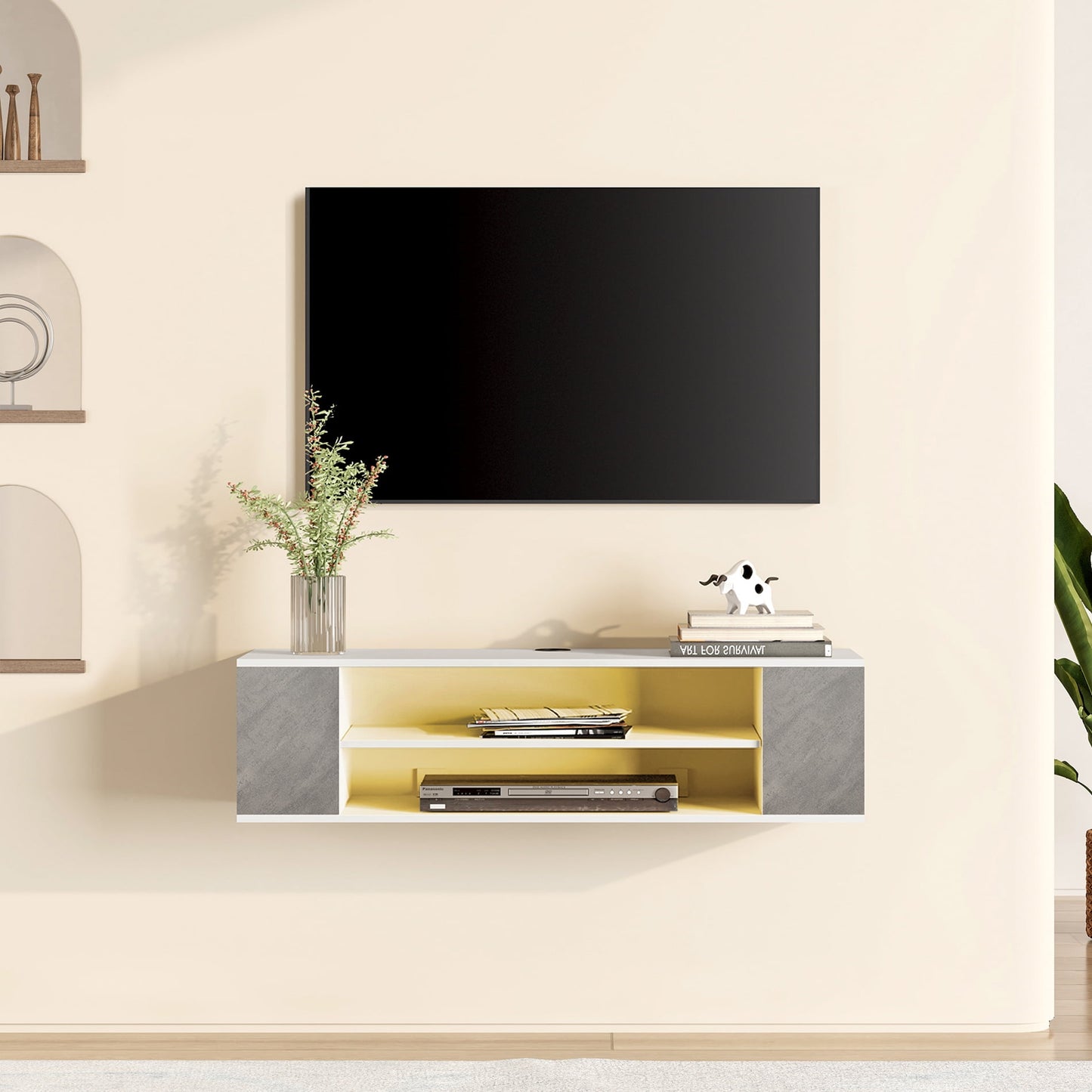 Yellow Light Floating TV Stand Wall Mounted, Modern Floating Media Storage Shelves TV for Wall, 39.3 inch, White&Grey