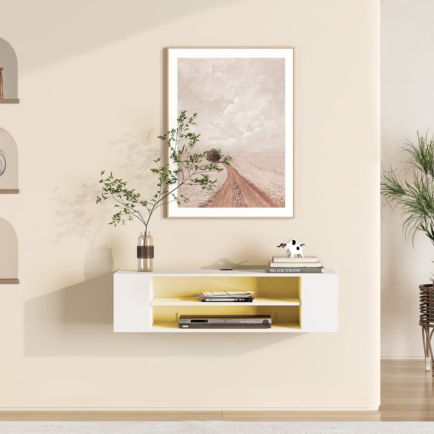 Yellow Light Floating TV Stand Wall Mounted, Modern Floating Media Storage Shelves TV for Wall, 39.3 inch, White