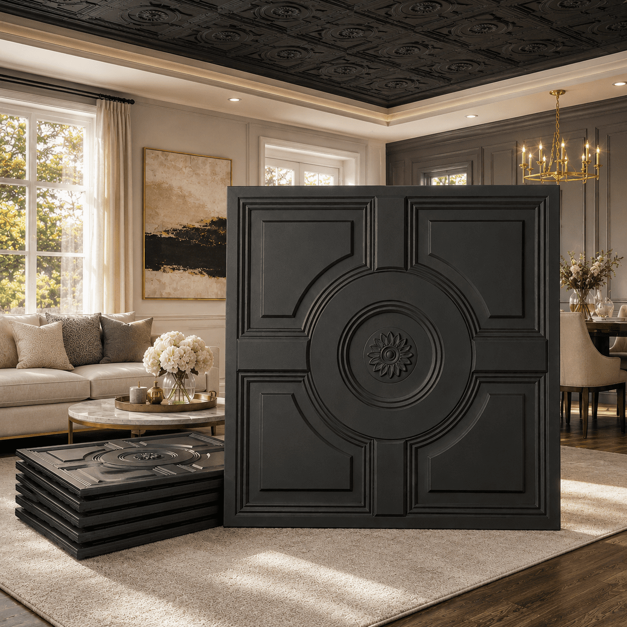 Yeslife 12-Pack Decorative Ceiling Tiles, 2 x 2 ft, Black Embossed, Waterproof Drop-in Glue-up, 48 sq ft