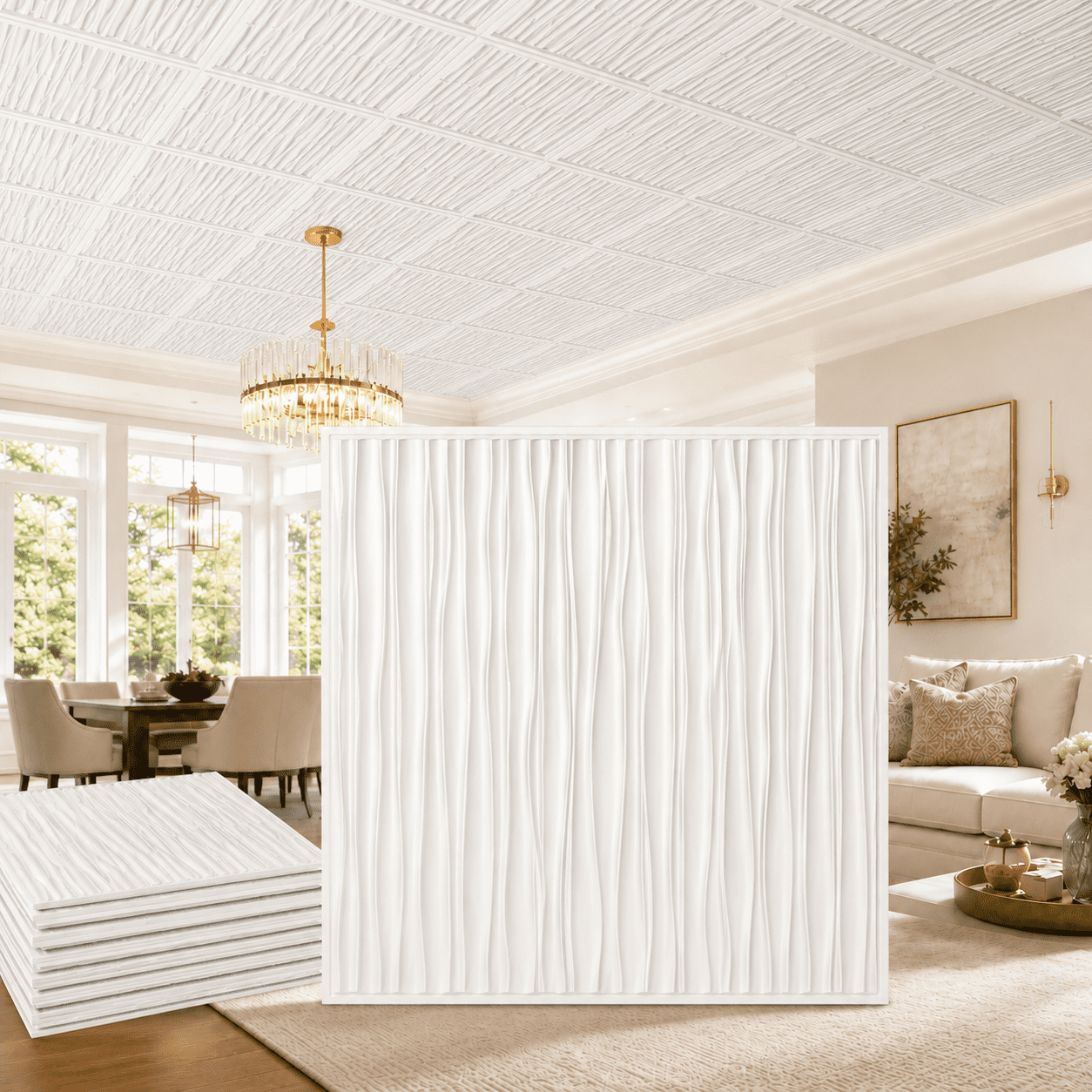 Yeslife 2 x 2 ft Drop Ceiling Tiles, 12 Pack, White PVC 3D Wall Panels, Covers 48 Sq Ft
