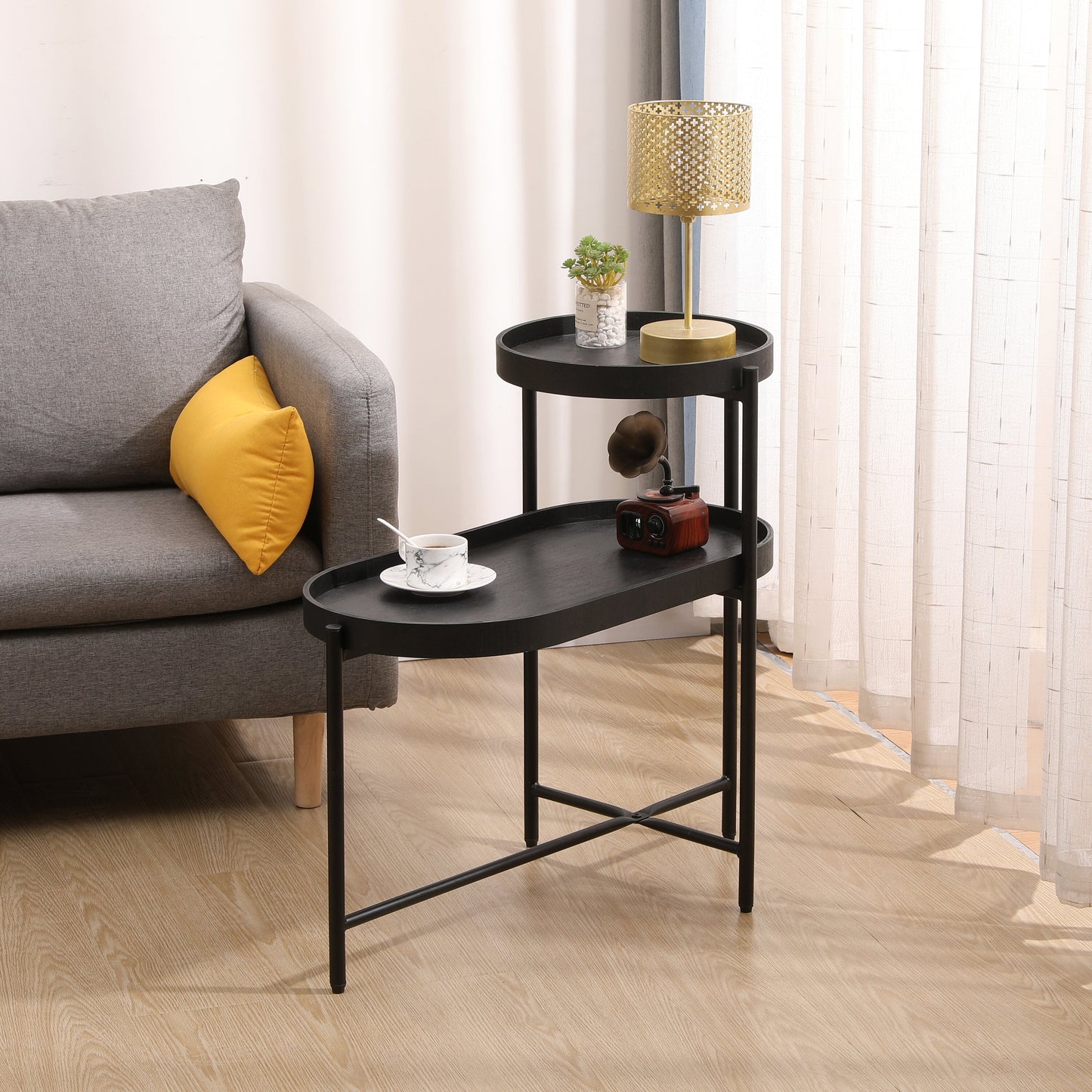 Yoneston 2-Tier End Table with Storage Tray Wood Small Side Table for Living Room, Bedroom, Kitchen, Black
