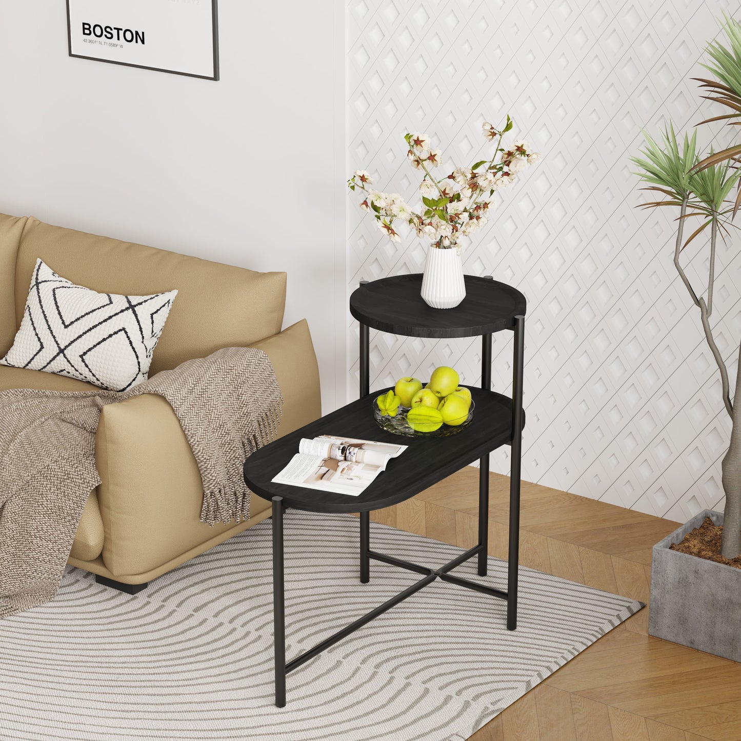 Yoneston 2-Tier Round End Table with Storage Tray Wood Small Side Table for Living Room, Bedroom, Kitchen, Black