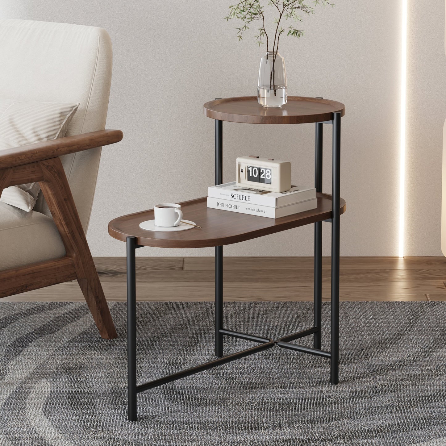 Yoneston 2-Tier Round End Table with Storage Tray Wood Small Side Table for Living Room, Bedroom, Kitchen, Brown