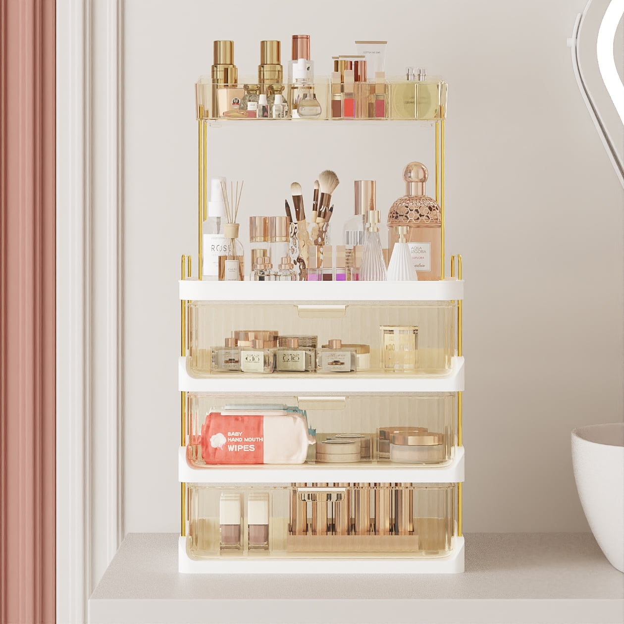 Yoneston 4-Tier Vanity Organizer with 3 Drawers, 22â€H Large Storage Bathroom Countertop Organizer, Multi-Purpose Makeup Organizer Countertop Cosmetics, Amber