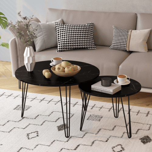 Yoneston 27.56" Round Nesting Coffee Table Set of 2, Wooden Tabletop End Table with Sturdy Metal Legs for Living Room Bedroom, Black