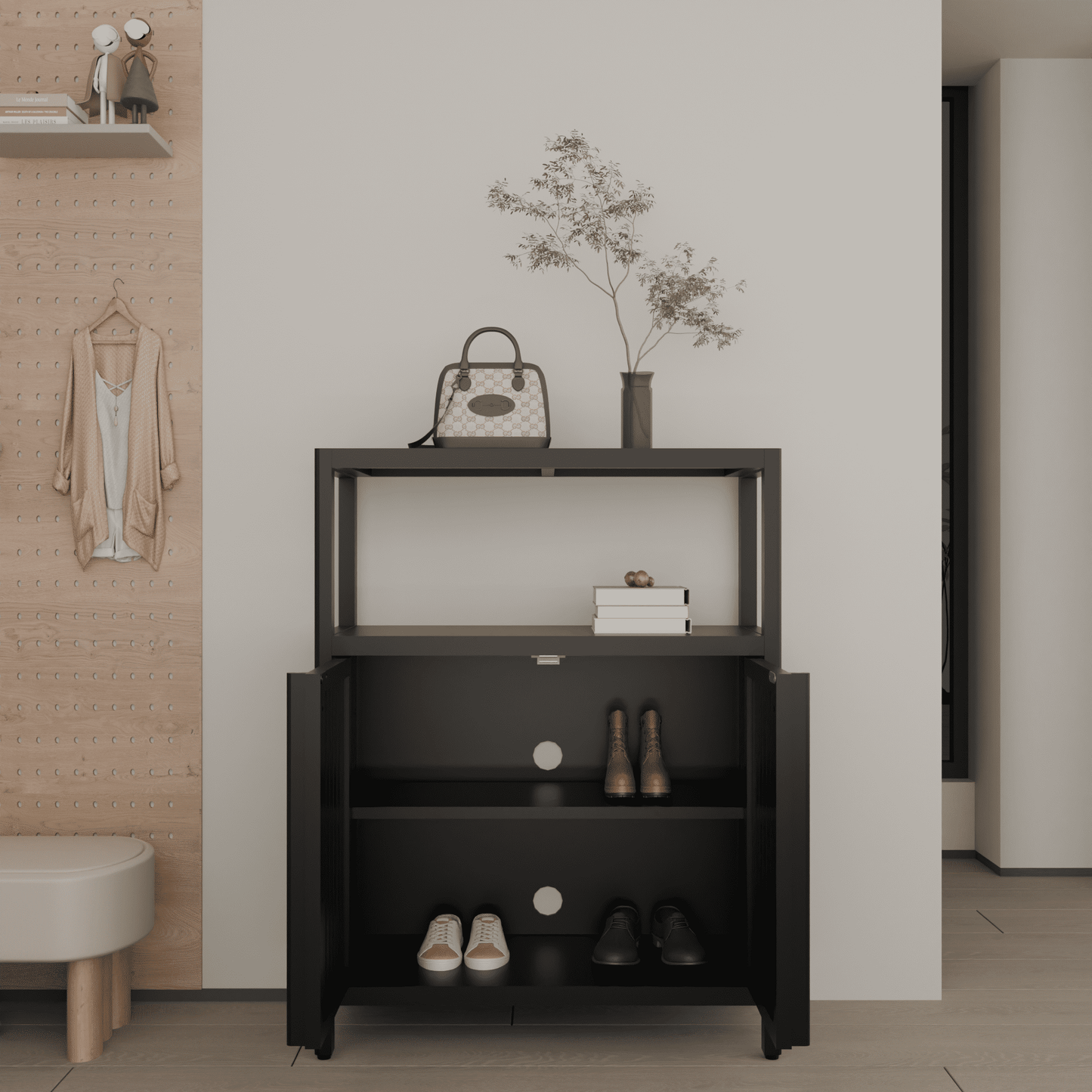 Yoneston 3-Tier Bamboo Bathroom Shelf Storage Cabinet, Freestanding Floor Cabinet with 2 Doors for Entryway, Living Room, Black