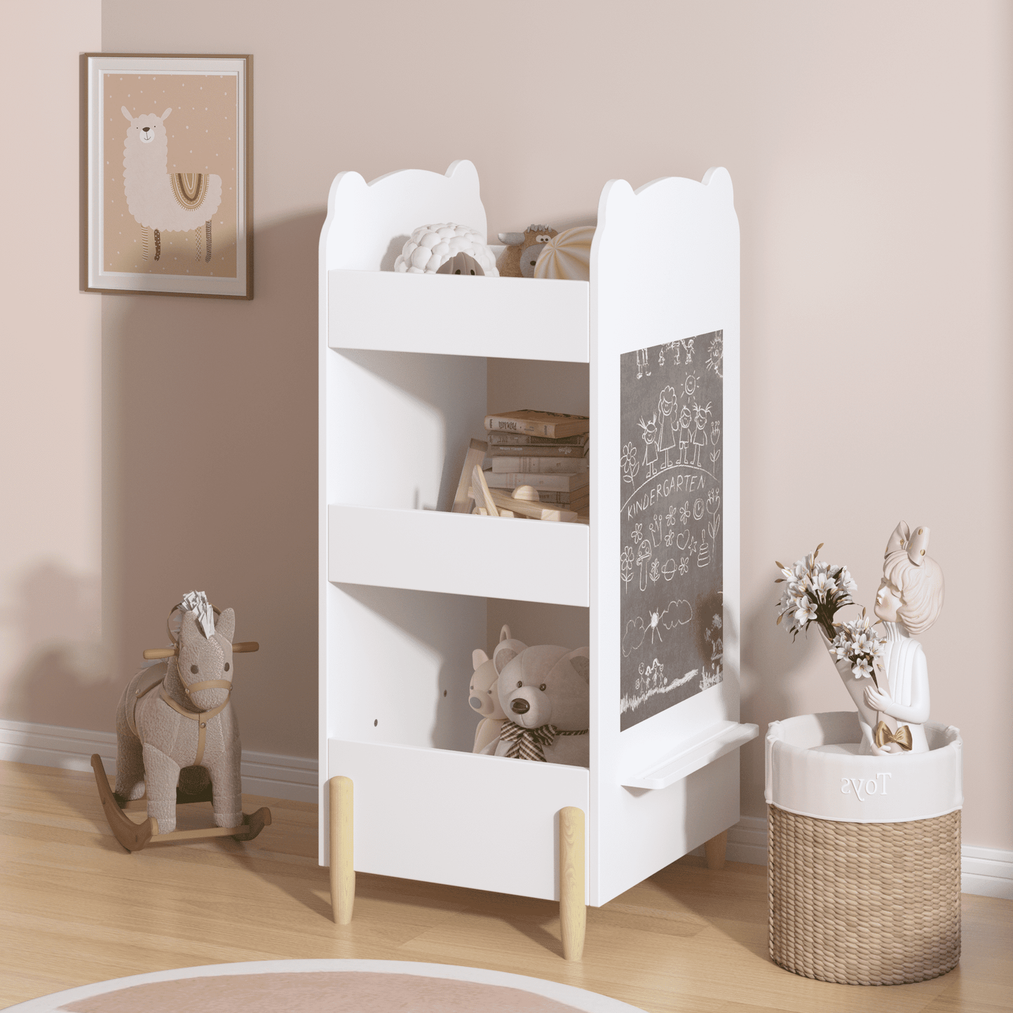 Yoneston 3-Tier Kids Bookshelf with Chalkboard Side, Cute Bear-Shaped Wooden Bookcase Toys Organizer for Toddlers Kids Playroom Bedroom, White