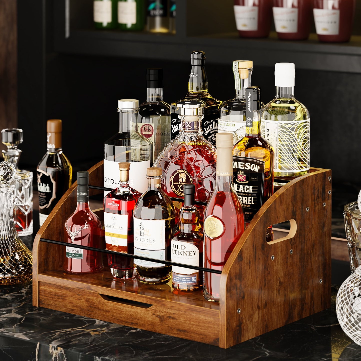Yoneston 3-Tier Retro Bar Liquor and Wine Rack with Drawer, Wood 3-Step Countertop Coffee Syrup Rack Organizer Bottle Holder for for Liquor Whiskey