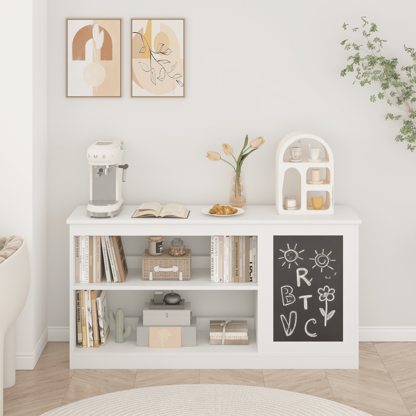 Yoneston 3-in-1 Kids Storage Cabinet with Chalkboard, Kids Bookshelf with 2 Open Shelves & Toy Bin for Bedroom Playroom, White