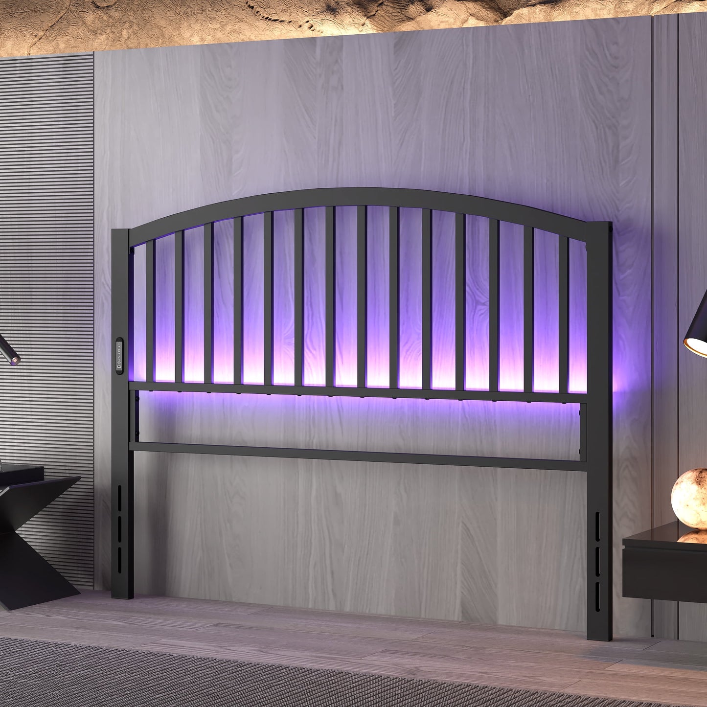 Yoneston 46.76†High Arc Metal Queen Size Headboard with LED Light & Charging, Height Adjustable Metal Platform Bed Headboard – Black