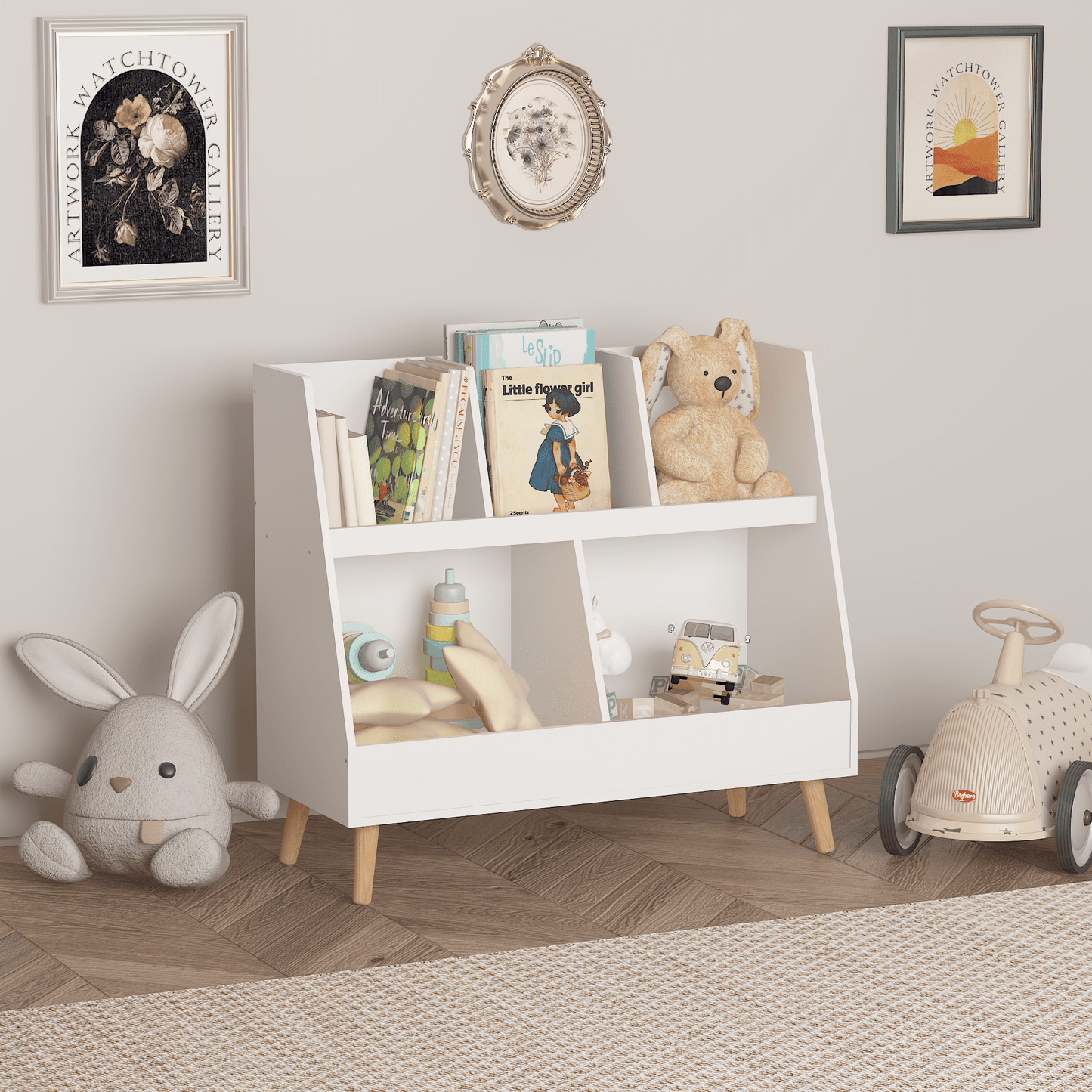 Yoneston 5-panel Kids Bookshelf, 2-Tier Wooden Freestanding Open Bookcase and Baby Toy Storage Organizer with Legs for Playing Room Bedroom Nursery, White