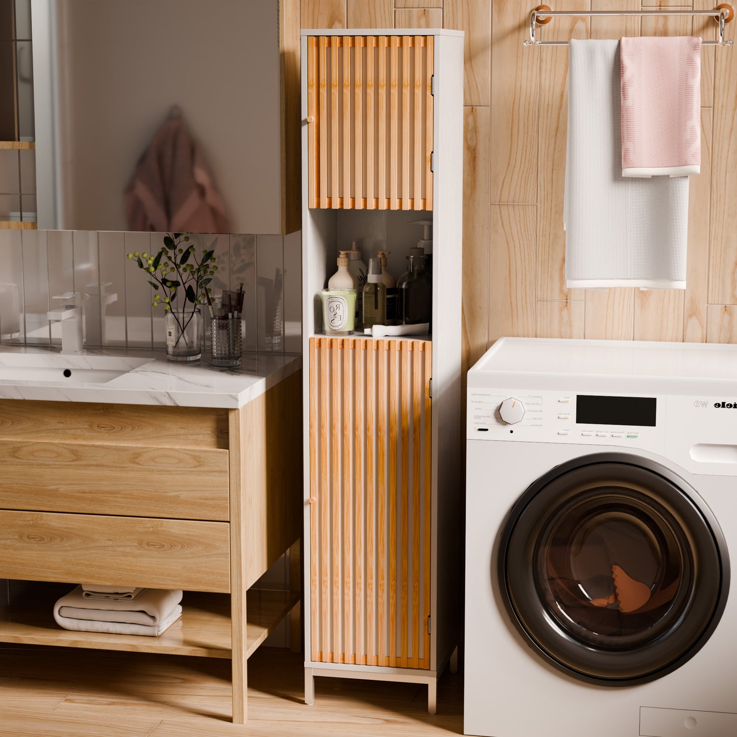 Yoneston 65â€Tall Bathroom Storage Cabinet with 2 Bamboo Slats Door & 5 Shelves, Freestanding Narrow Storage Cabinet for Laundry Room Bathroom, White