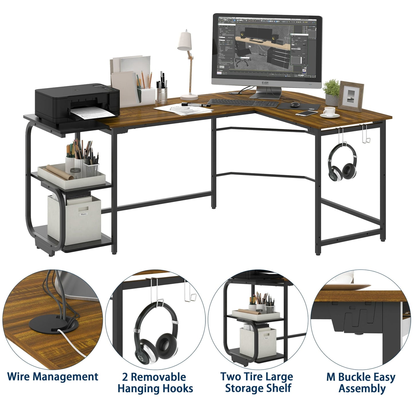 Yoneston 70" L Shape Computer Desk with 2-tier Bookshelf Storage, Large Home Office Corner Computer Table with Hooks, Teak Brown
