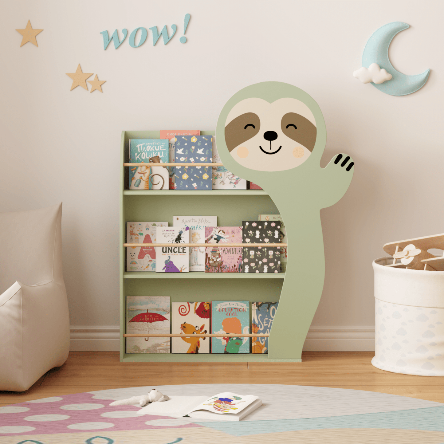 Yoneston Kids 3-Tier Sloth Bookshelf with Cute Animal Design, Toddler Book Display Rack for Playroom, Bedroom, Nursery, Green