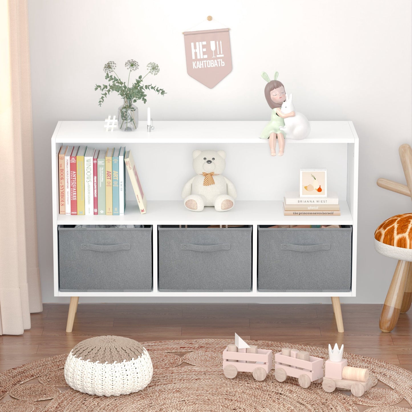 Yoneston Kids Bookcase with 3 Collapsible Fabric Drawers, Children's Toy Storage Organizer Book Display Cabinet for Playroom, Bedroom, White+Gray