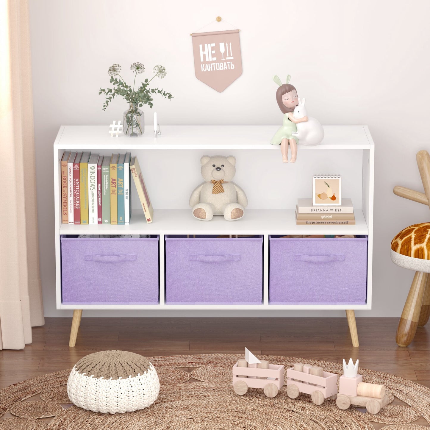 Yoneston Kids Bookcase with 3 Collapsible Fabric Drawers, Children's Toy Storage Organizer Book Display Cabinet for Playroom, Bedroom, White+Purple
