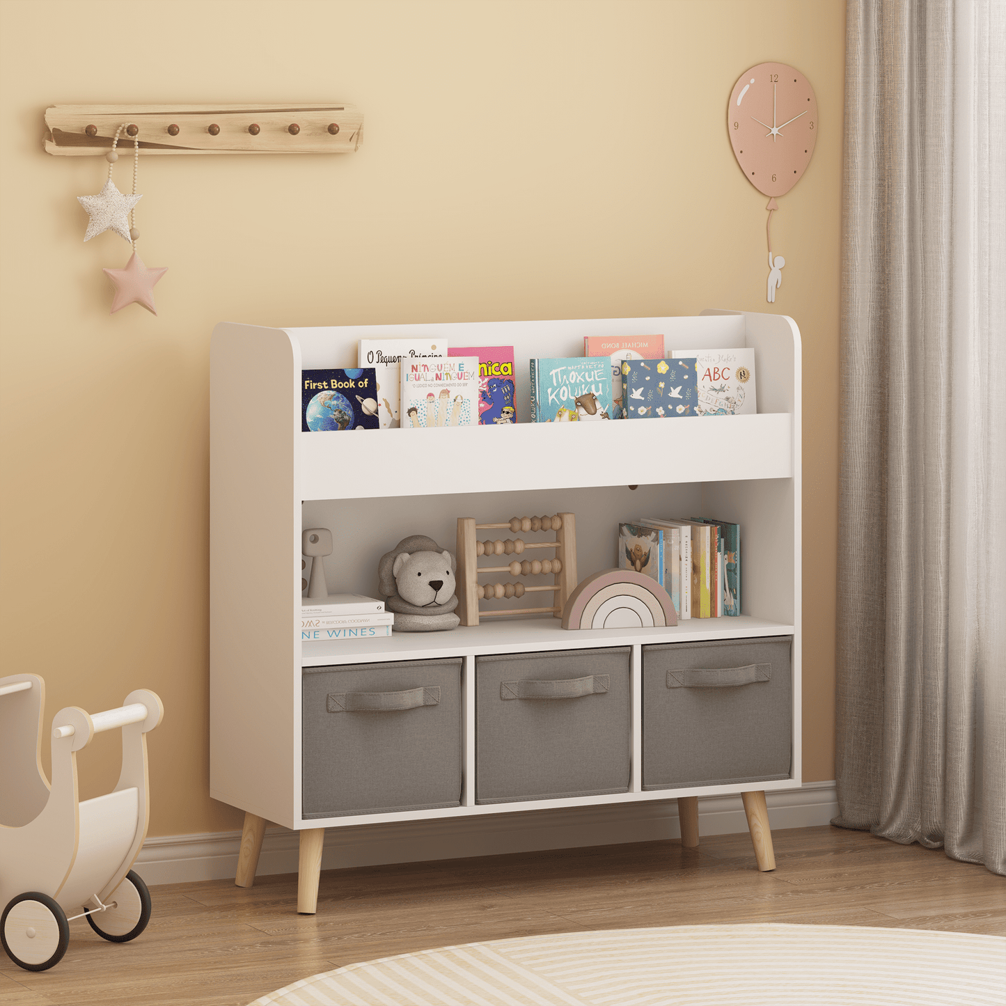 Yoneston Kids Bookshelf with 3 Fabric Storage Bins & 2 Tier Shelves, Wooden Book Rack with Solid Legs for Playroom Nursery Bedroom, White
