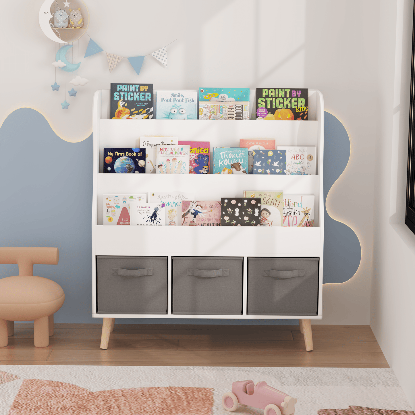 Yoneston Kids Bookshelf with 3 Fabric Storage Bins & 3 Tier Shelves, Wooden Book Rack with Solid Legs for Playroom Nursery Bedroom, White