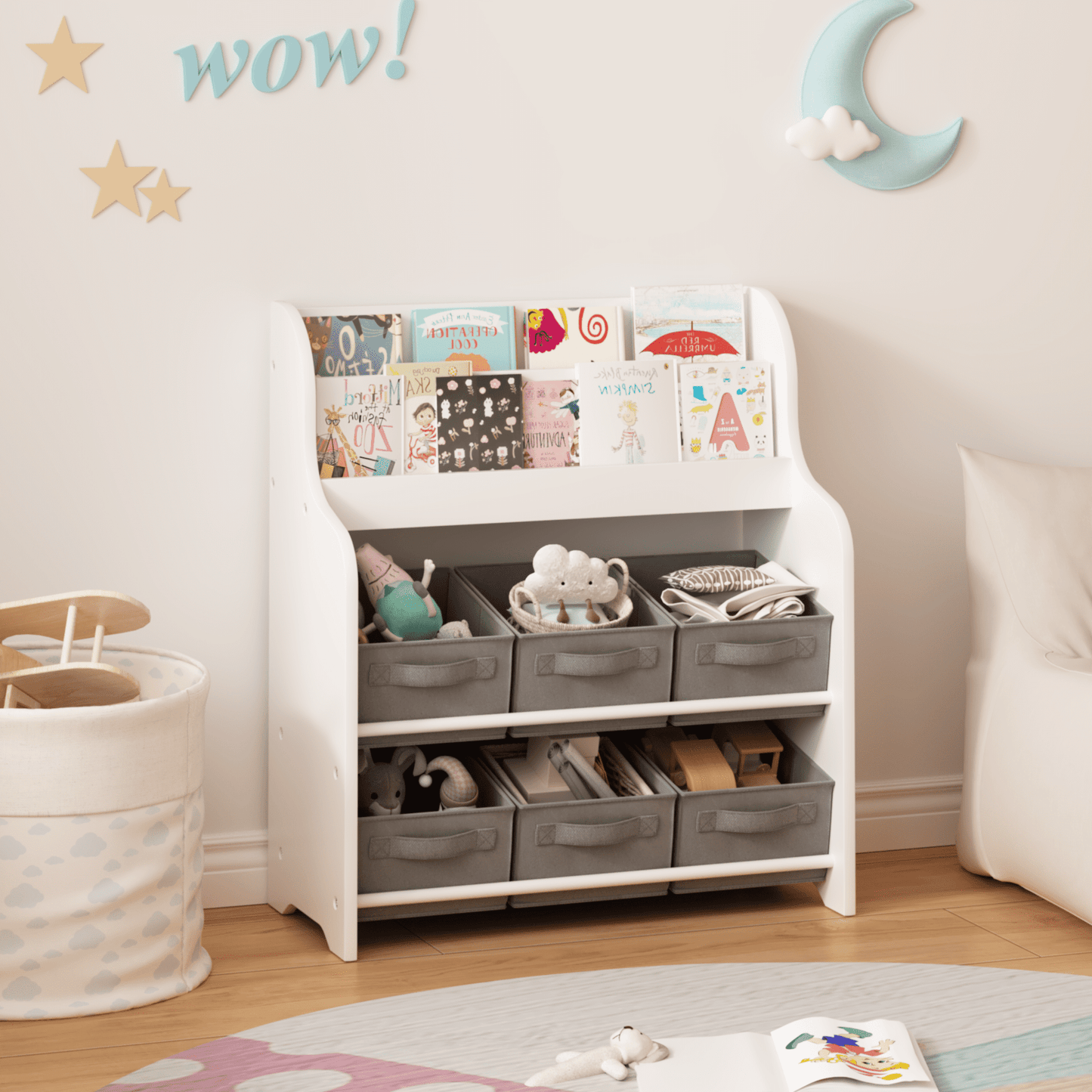 Yoneston Kids Bookshelf with 6 Fabric Storage Bins & 2 Tier Shelves, Wooden Book Rack with Solid Legs for Playroom Nursery Bedroom, White & Gray
